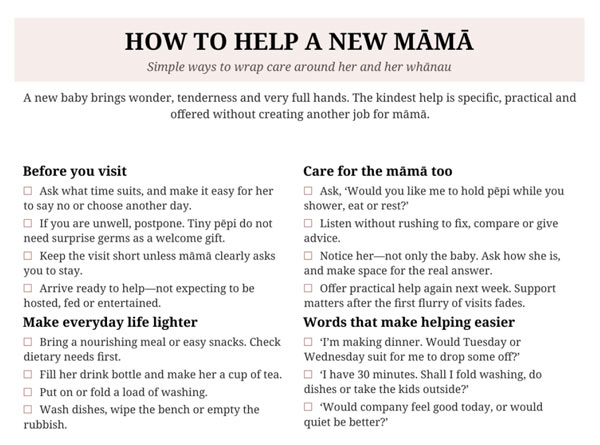 How to Help a New Māmā practical support checklist